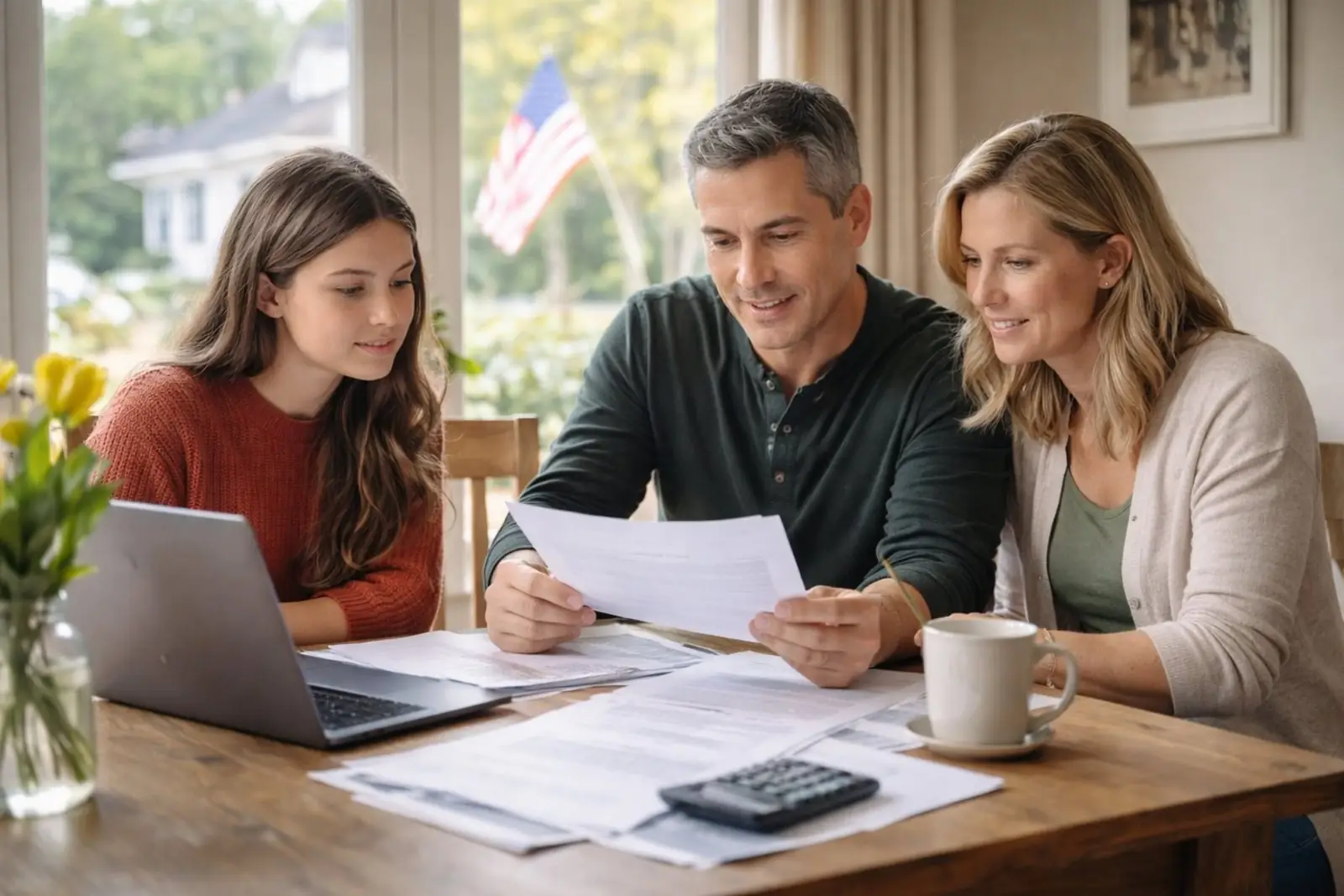 A family reviewing paperwork together at their kitchen table, an American flag visible through the window